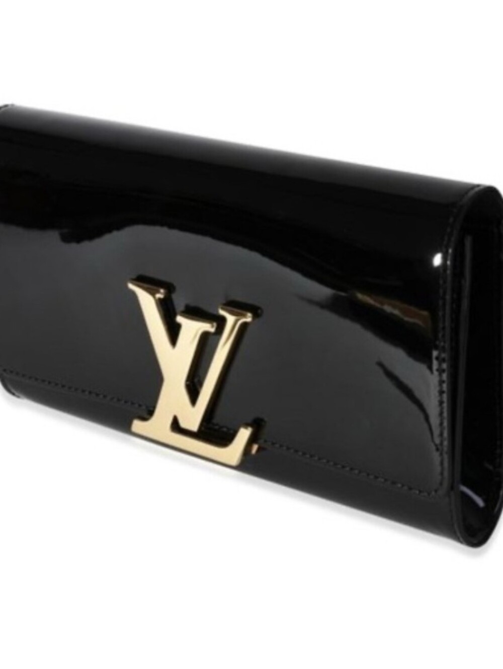Louis Vuitton Black Patent Clutch with Gold LV Emblem